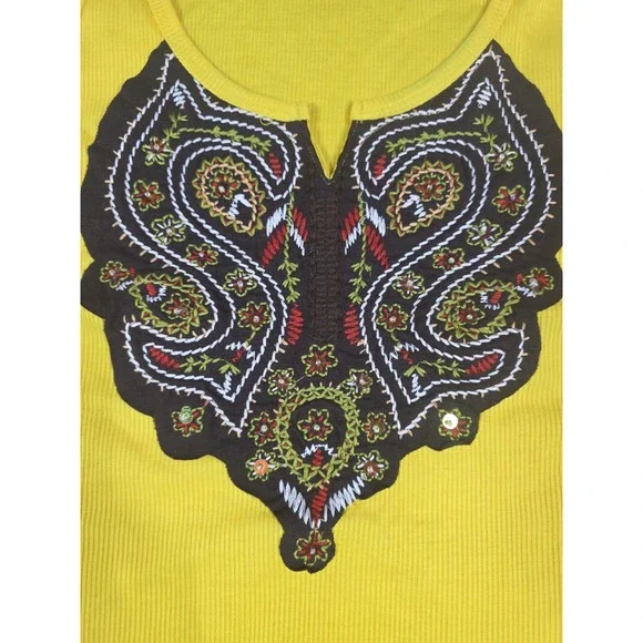 Yellow Vintage 90s Tank Top Women Medium Cotton Embroidered Malaysia Boho Retro - Picture 2 of 8